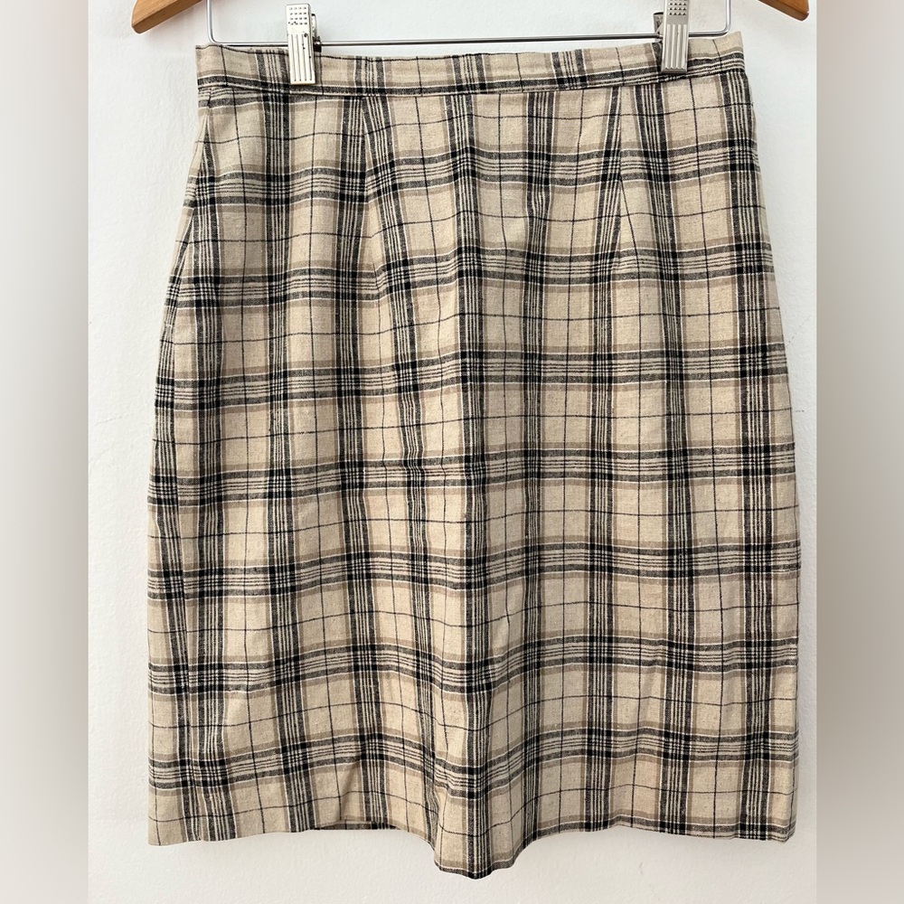 Paul Harris Design Linen Skirt Plaid Beige Tan & Black Knee Length Women Size 10
